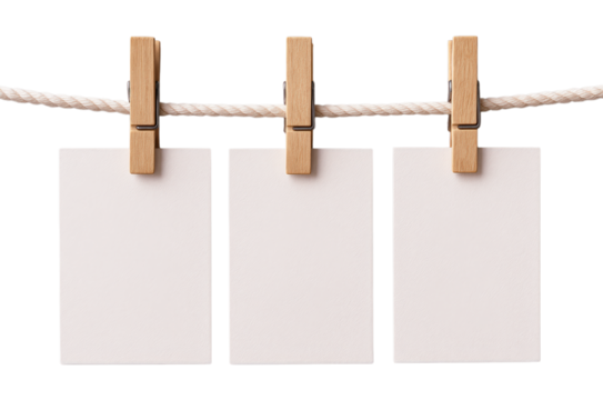 Three blank white paper cards or empty photo frames hanging on a rustic rope clothesline with wooden clothespins, Isolated on Transparent and White Background