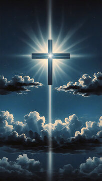 A radiant Christian cross emanates an ethereal glow, piercing through dramatic, cumulonimbus clouds, symbolizing faith, hope, and salvation