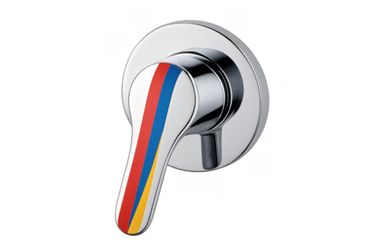 Chrome shower mixer handle controlling water temperature