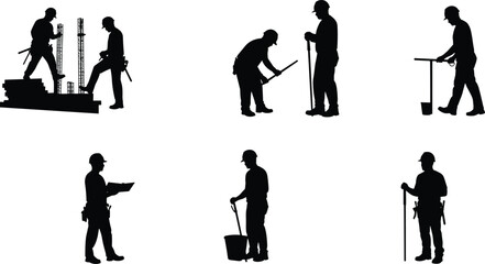 Silhouettes of construction workers performing various building tasks with tools, safety helmets, teamwork, and industrial equipment on construction site.