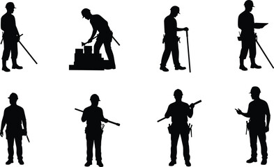 Obraz premium Silhouettes of construction workers wearing safety helmets, holding tools and equipment, industrial labor teamwork, engineering profession, building site concept illustration.