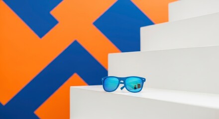 Blue eyewear rests on white risers framed by a vibrant orange and blue geometric pattern on the background wall