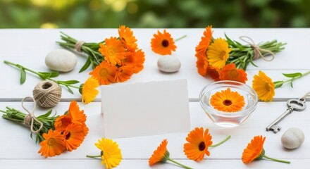 Bright orange flowers green stems twine stones a blank card and an antique key arranged on a white wooden table A flower floats in a glass bowl of water