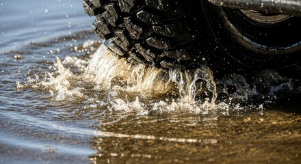 Black tire with rugged tread creating splashes as it moves through murky water