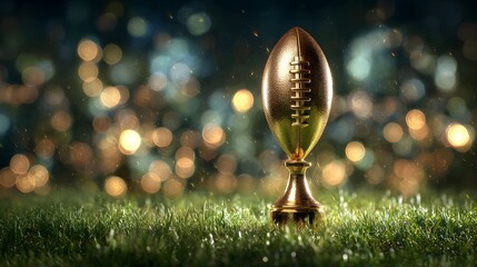 A golden ball trophy glittering on a green field with light bokeh effect in the background.