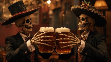 Two skeletons in festive attire clinking beer mugs in a vibrant, lively bar setting