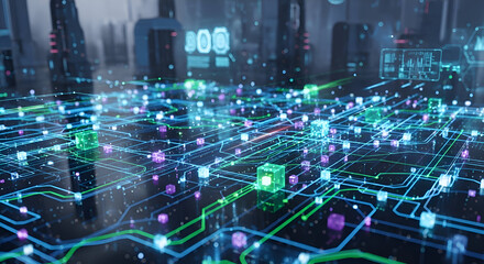 Futuristic Data Network with Glowing Cubes and Displays