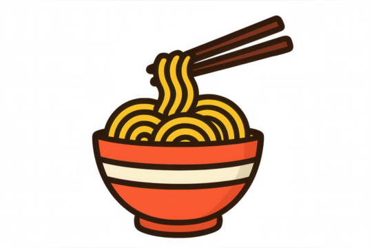 Noodles in red bowl with chopsticks picking up strands, asian fast food, ramen instant meal, street cuisine, transparent background - Powered by Adobe