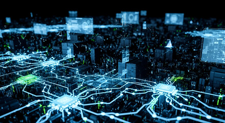Futuristic Cityscape Circuit Board with Data Stream