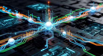 Circuit Board with Glowing Connections and Data Flow