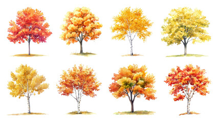 PNG Vibrant autumn trees watercolor illustration, element set on transparent background