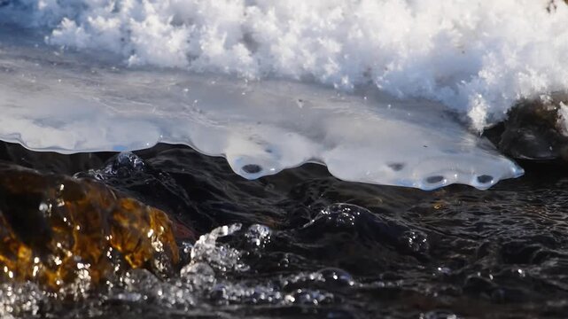 close up shot of a cold, clear river in the South Urals region of Russia. Water rushes over dark stones and rocks, with a layer of ice and snow visible on the riverbank. The scene captures the raw bea