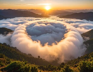 Sunrise over mountain valley, ring of clouds