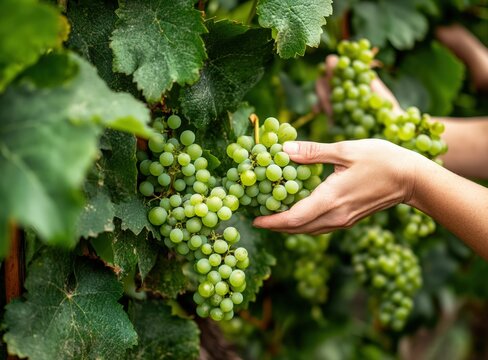 Hands hold unripe green grapes on a vine, leaves around