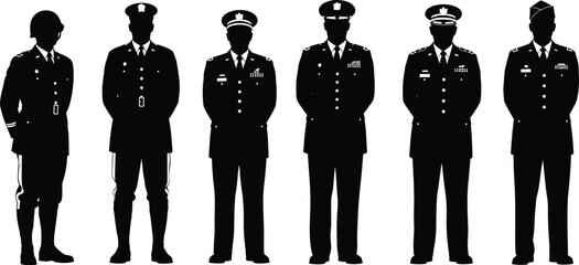 Silhouettes of military officers in formal uniform standing in line, army discipline concept, defense service illustration showing honor and respect.