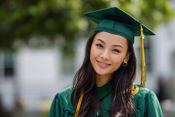 a photograph of an Asian American woman in her mid-20s, wearing a green graduation cap and gown, smiling at the camera with long hair,