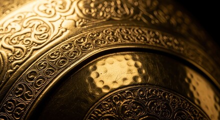 Close-up of an ornate embossed gold-colored metal object with intricate scrollwork and a hammered texture illuminated to highlight its detailed surface