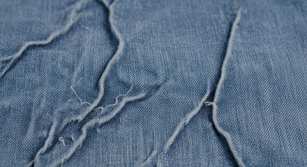 Close-up of blue denim fabric with prominent seams textured weave and loose threads