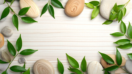 Tranquil Harmony: A Minimalist Zen Flat Lay of Smooth Wooden Stones and Lush Green Leaves on Light Natural Wood Texture