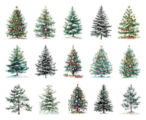 Obraz premium PNG Festive evergreen trees with decorations, element set on transparent background