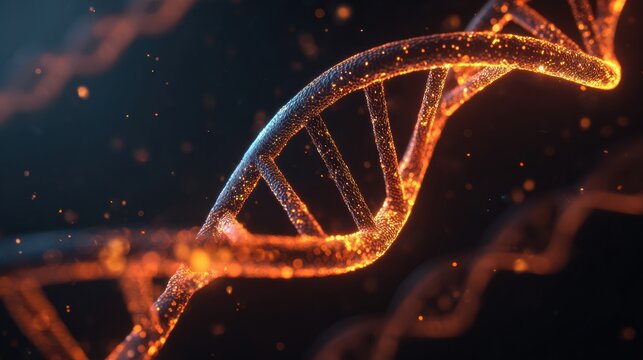 Detailed Representation of a Glowing DNA Double Helix Against a Dark Background, Illustrating Molecular Biology Concepts