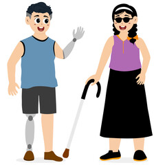 Fototapeta premium International Day of Persons with Disabilities. Cheerful, smiling figures with physical disabilities: wheelchair-bound, blind, and with prosthetic arms and legs. Cheerful, positive girls and boys.
