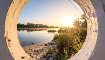 Sunrise over tranquil river, viewed through a circular opening