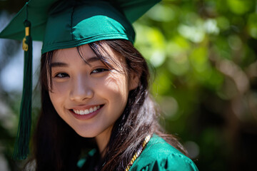 a photograph of an Asian American woman in her mid-20s, wearing a green graduation cap and gown, smiling at the camera with long hair,