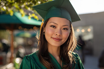 a photograph of an Asian American woman in her mid-20s, wearing a green graduation cap and gown, smiling at the camera with long hair,