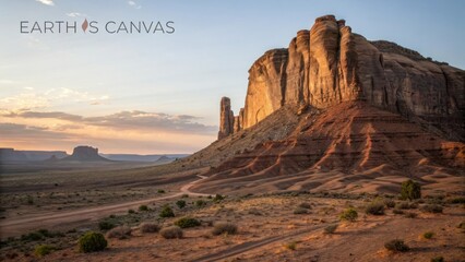 Majestic Red Rock Formation Illuminated by Sunset Near Desert Canyon Landscape with Dramatic Shadows