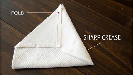Elegant folded napkin showcasing sharp crease detailing on wooden table background, ideal for dining and event aesthetics