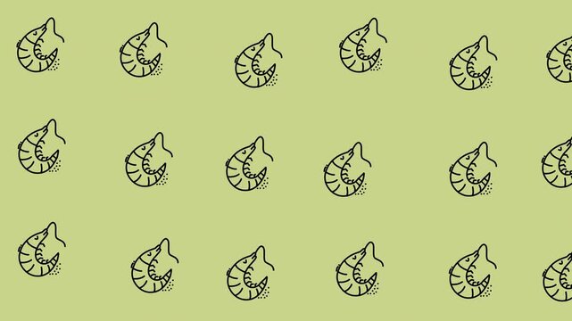 Looping handdrawn shrimp animal pattern on pastel green, perfect for background designs, textiles, stationary, and digital wallpapers with an animal theme