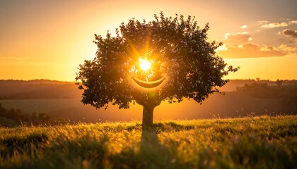 Sunrise through a tree, golden hues