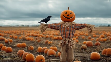 smiling scarecrow with a pumpkin jack-o'-lantern head is Wearing a straw hat in the field of vast pumpkin.festive Halloween concept.
