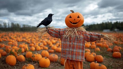 smiling scarecrow with a pumpkin jack-o'-lantern head is Wearing a straw hat in the field of vast pumpkin.festive Halloween concept.