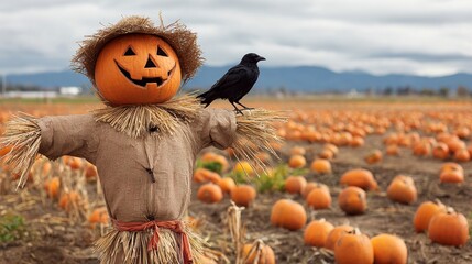 smiling scarecrow with a pumpkin jack-o'-lantern head is Wearing a straw hat in the field of vast pumpkin.festive Halloween concept.