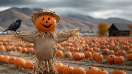 smiling scarecrow with a pumpkin jack-o'-lantern head is Wearing a straw hat in the field of vast pumpkin.festive Halloween concept.