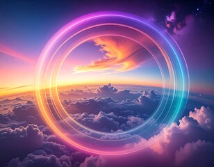 Sunrise through a vibrant, glowing ring above clouds