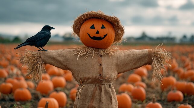 smiling scarecrow with a pumpkin jack-o'-lantern head is Wearing a straw hat in the field of vast pumpkin.festive Halloween concept.