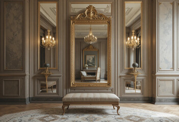 Elegant room interior with large mirror and bench. Front view. 3d rendering.