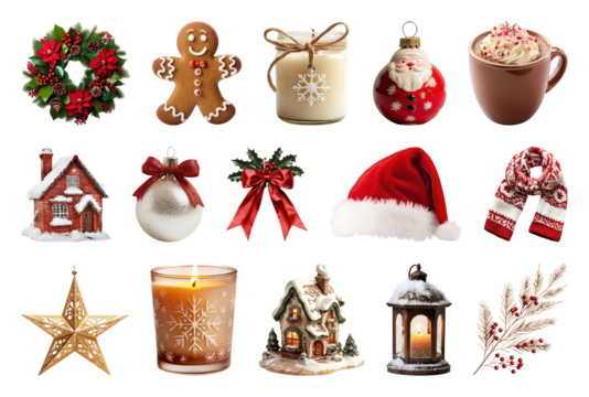 PNG Festive holiday decoration collection, element set on transparent background