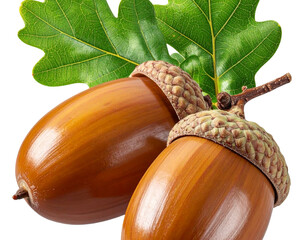 - Pair of Fresh Brown Acorns with Green Leaves