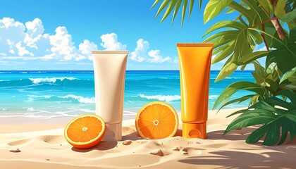 Sunscreen tubes on beach, orange slices