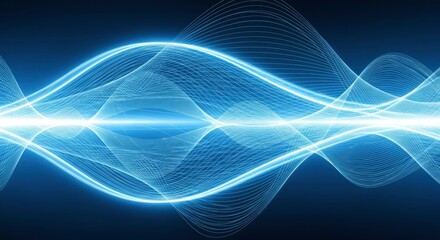 Dynamic blue light waves and intricate grid patterns illuminate a dark blue background with bright central glow