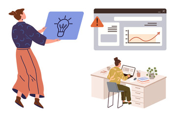 Woman presenting a lightbulb idea, person analyzing data trends on a computer. Ideal for innovation, teamwork, analytics, productivity, creativity, business strategy workplace inspiration. Simple