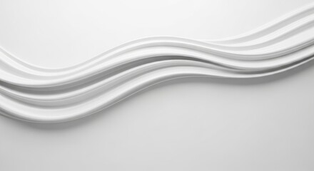 Elegant smooth white wave-like forms undulate across a pristine light background creating soft shadows and highlights that emphasize their flowing curves