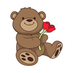 Brown Teddy Bear Sitting Holding Red Rose with Transparent Background Vector Illustration Cartoon Style Valentine's Day Love Romance Gift Toy Cute