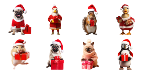PNG Festive animals with gifts, element set on transparent background