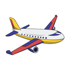 Cartoon Airplane Illustration Isolated on Transparent Background with White Fuselage Yellow and Blue Accents Red Tail and Wings