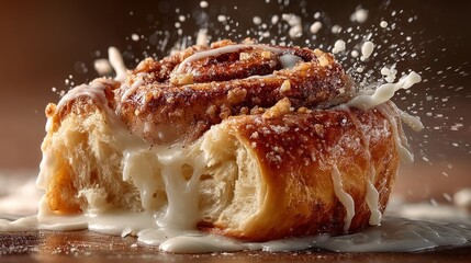Delicious Close-Up of Freshly Baked Cinnamon Roll with Creamy Drizzle
